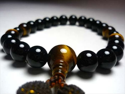 Men's prayer beads, black onyx, tiger's eye, 4-point finish