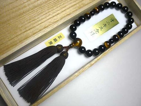 Men's prayer beads, black onyx, tiger's eye, 4-point finish