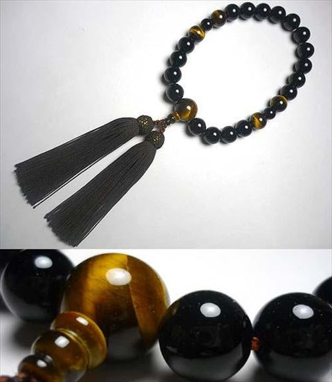 Men's prayer beads, black onyx, tiger's eye, 4-point finish