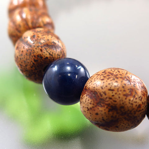 Men's Prayer Beads, Striped Starry Moon Bodhi Seed, 20 Beads, Sodalite Finish, Dark Navy Tassel