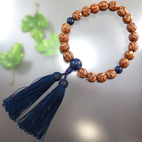 Men's Prayer Beads, Striped Starry Moon Bodhi Seed, 20 Beads, Sodalite Finish, Dark Navy Tassel