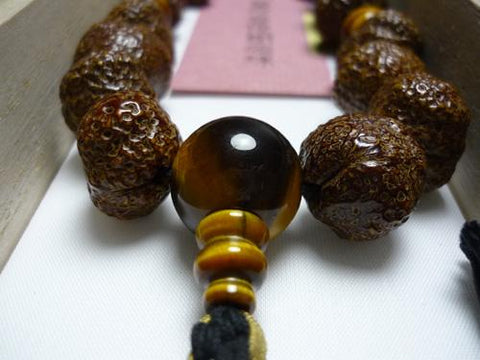 Prayer beads for men, old-colored star-moon linden tree, original fruit, tiger-eye stone finish, string tassel