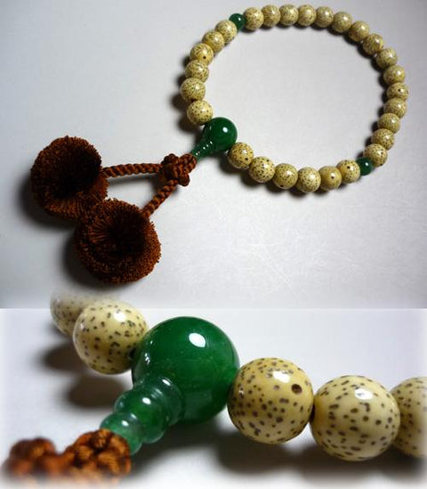 Men's Prayer Beads, Star Moon Bodhi Seed, 27 Beads, Jade Finish, Bonten Tassel
