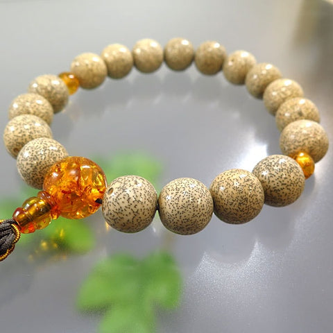 Men's Prayer Beads, Starry Moon Bodhi Seed, Genuine Amber Finish, 18 Beads, String Tassel