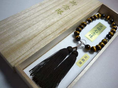 Men's Prayer Beads, Tiger's Eye Round Beads, Crystal Finish, Dark Brown Tassel