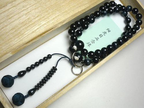 Men's Prayer Beads, Blue Tiger's Eye, Uniform Finish, Jodo Sect, Sanman Jodo Style, Iron Blue Tassel