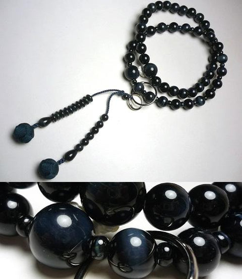 Men's Prayer Beads, Blue Tiger's Eye, Uniform Finish, Jodo Sect, Sanman Jodo Style, Iron Blue Tassel