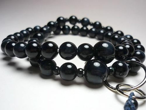 Men's Prayer Beads, Blue Tiger's Eye, Uniform Finish, Jodo Sect, Sanman Jodo Style, Iron Blue Tassel
