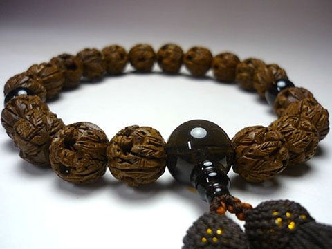 Men's prayer beads, Arhat carving, brown crystal finish