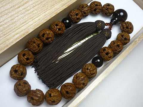 Men's prayer beads, Arhat carving, brown crystal finish