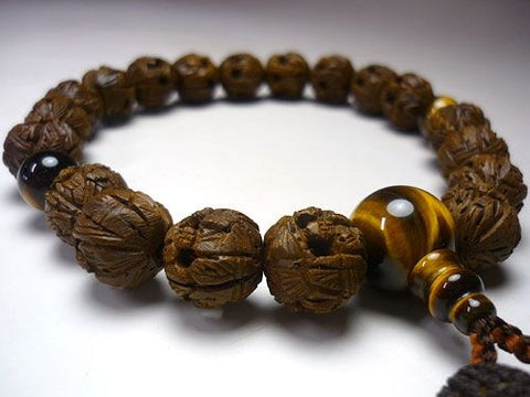Men's prayer beads, Arhat carving, tiger's eye finish