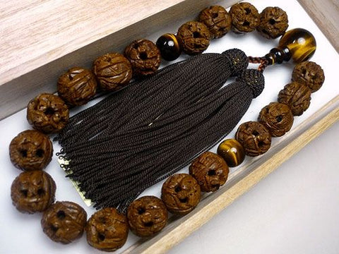 Men's prayer beads, Arhat carving, tiger's eye finish
