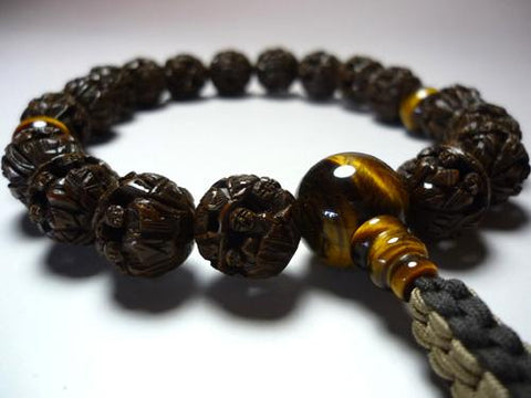 Men's prayer beads, Arhat carving, tiger's eye finish