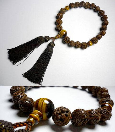 Men's Prayer Beads, Arhat Carving, Peach Seed & Tiger's Eye