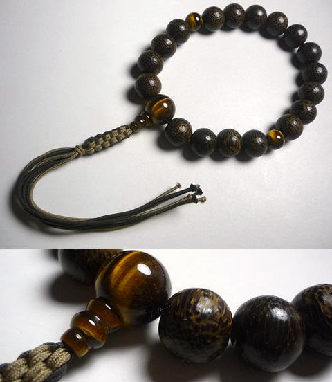 Men's Prayer Beads, Betel Palm Wood, 18 Beads, Single-Loop String, Tiger's Eye Finish