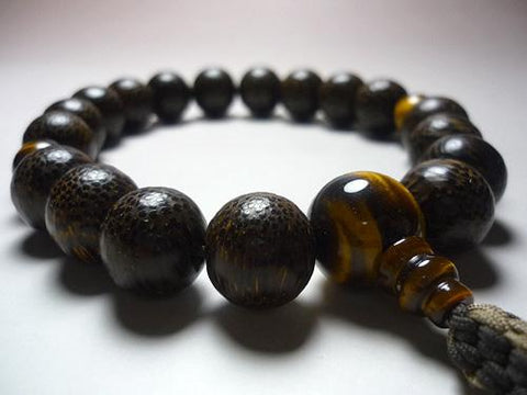 Men's Prayer Beads, Betel Palm Wood, 18 Beads, Single-Loop String, Tiger's Eye Finish