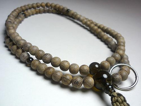 Men's Prayer Beads, Plain Ironwood, Smoky Quartz Finish, Soto Sect, Light Brown/Dark Brown Tassel