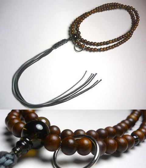 Men's Prayer Beads, Sendan Wood, Soto Sect, 7mm Bead, Smoky Quartz Finish