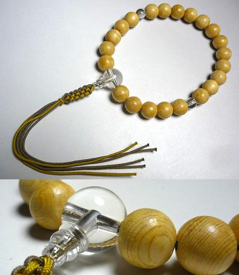 Men's prayer beads, 300-year reclaimed hinoki cypress, crystal finish