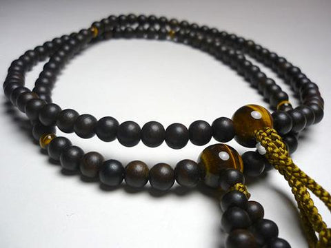 Men's Prayer Beads, Striped Ebony, Jodo Shinshu Sect, Tiger's Eye Finish