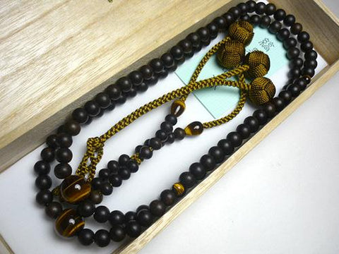 Men's Prayer Beads, Striped Ebony, Jodo Shinshu Sect, Tiger's Eye Finish
