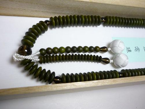 Men's Prayer Beads, Green Sandalwood, Tendai Sect, Smoky Quartz Finish