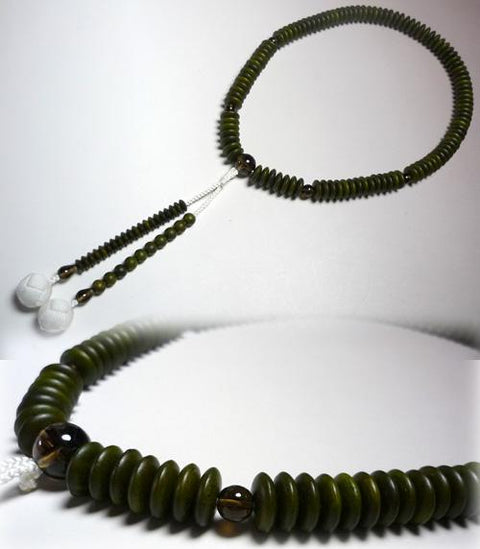 Men's Prayer Beads, Green Sandalwood, Tendai Sect, Smoky Quartz Finish