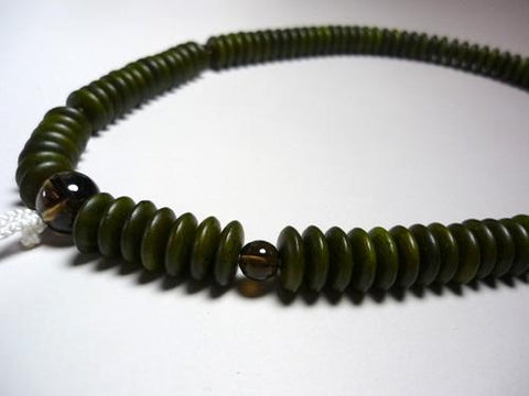 Men's Prayer Beads, Green Sandalwood, Tendai Sect, Smoky Quartz Finish