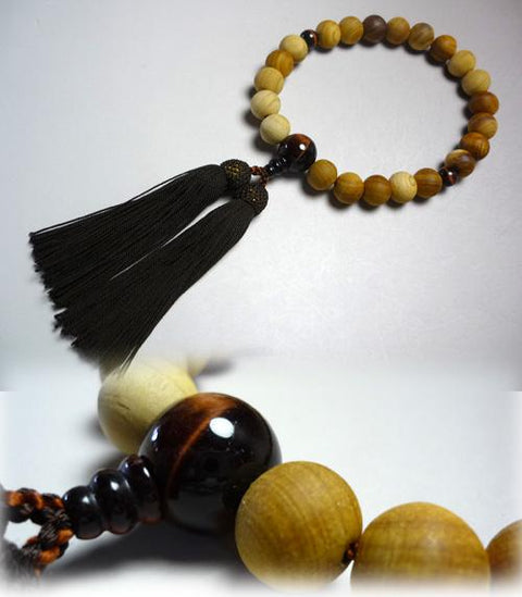 Men's Prayer Beads, Ryukyu Cypress, Red Tiger's Eye Finish, One-Hand Bracelet Style (25 Beads)