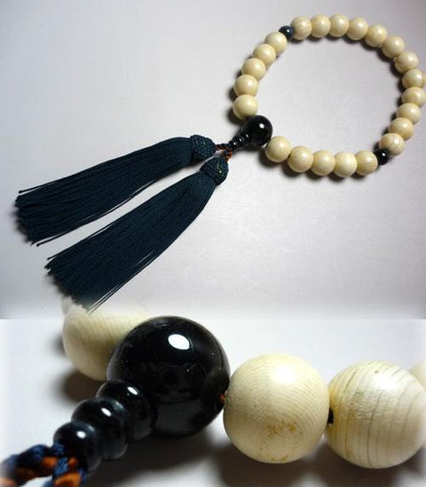 Men's Prayer Beads, Kiso Hinoki Cypress, Blue Tiger's Eye Finish, 22 Beads