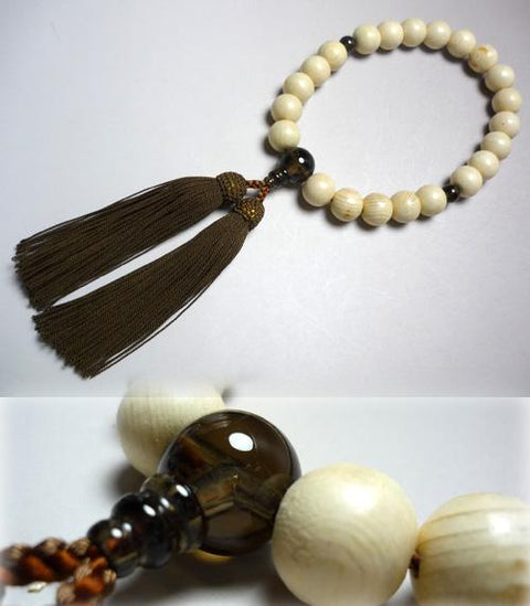 Men's prayer beads, Kiso cypress, smoky quartz finish