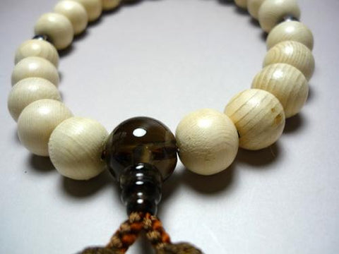 Men's prayer beads, Kiso cypress, smoky quartz finish