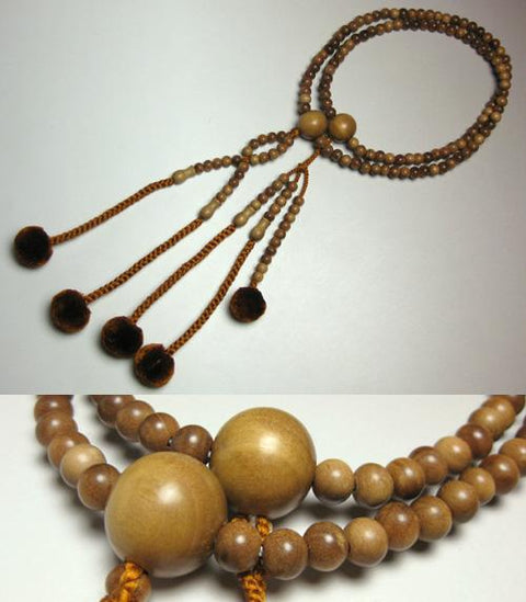 Men's Prayer Beads, Sandalwood, Three-Strand Hokke, Nichiren Sect, Gold-Brown Bonten Tassel