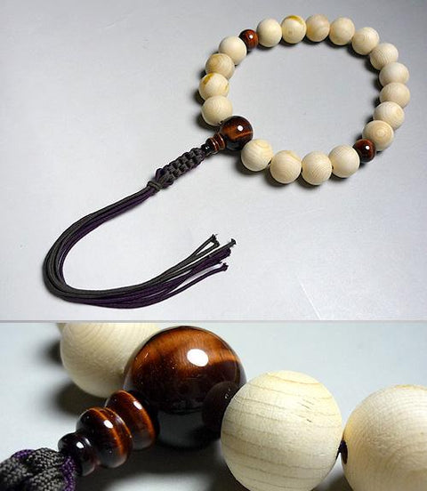 Men's prayer beads, Kiso cypress, red tiger's eye finish