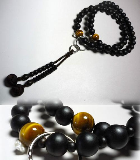 Men's Prayer Beads, Striped Ebony, Jodo Sect, Tiger's Eye Finish