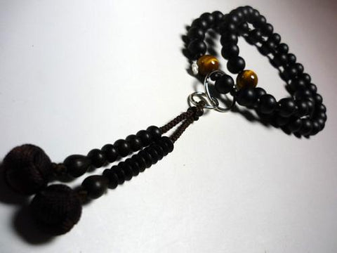 Men's Prayer Beads, Striped Ebony, Jodo Sect, Tiger's Eye Finish