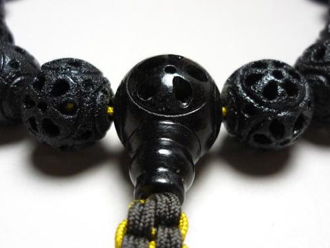 Men's prayer beads, lava stone floral carving, Tian Yan Bodhi seed