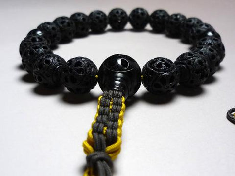 Men's prayer beads, lava stone floral carving, Tian Yan Bodhi seed