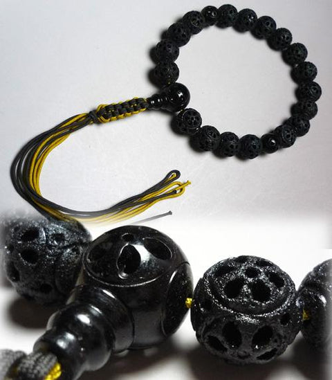 Men's prayer beads, lava stone floral carving, Tian Yan Bodhi seed