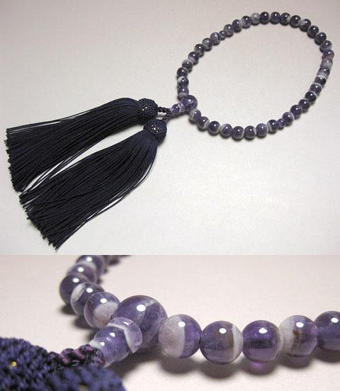 Women's Striped Wisteria Cloud Amethyst Prayer Beads, Shaku-Ichi