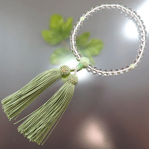 Women's Crystal Prayer Beads, 7mm Bead, Burmese Jade Flower Carving
