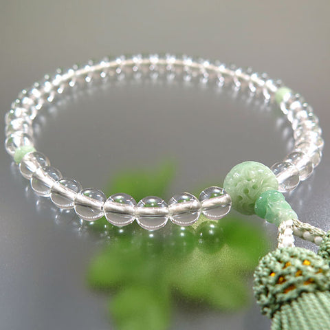 Women's Crystal Prayer Beads, 7mm Bead, Burmese Jade Flower Carving