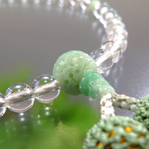 Women's Crystal Prayer Beads, 7mm Bead, Burmese Jade Flower Carving