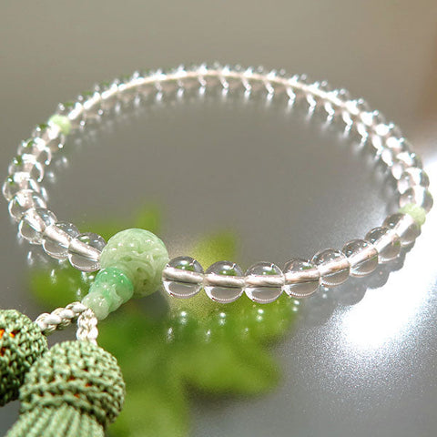 Women's Crystal Prayer Beads, 7mm Bead, Burmese Jade Flower Carving