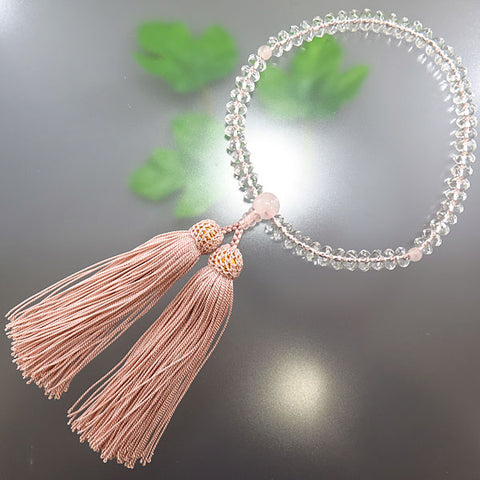 Women's Crystal Prayer Beads, Flat-Cut, Rose Quartz, Ash-Pink Tassel