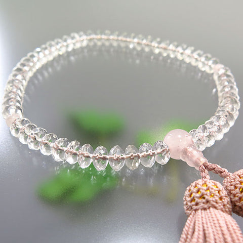 Women's Crystal Prayer Beads, Flat-Cut, Rose Quartz, Ash-Pink Tassel