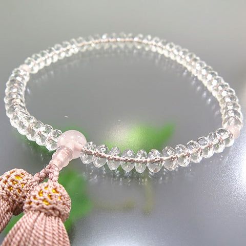 Women's Crystal Prayer Beads, Flat-Cut, Rose Quartz, Ash-Pink Tassel