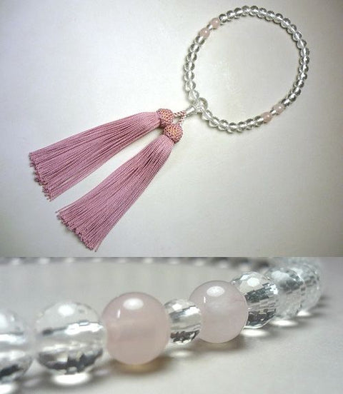 Women's Crystal Prayer Beads, 108-Facet Cut, Rose Quartz, Pink Tassel