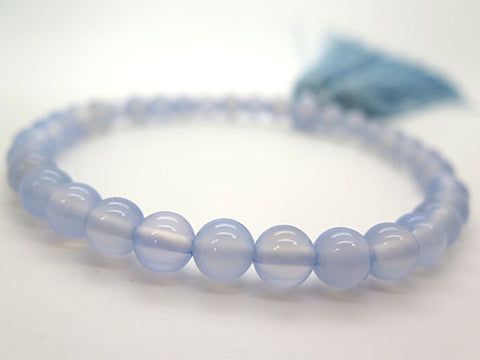 Women's Blue Chalcedony Prayer Beads, 8mm Bead, Forget-Me-Not Tassel