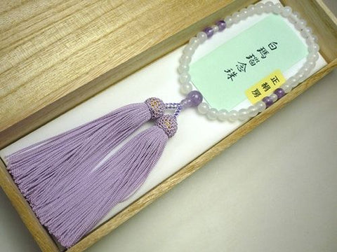 Women's Prayer Beads, White Agate, Wisteria Cloud Amethyst, Wisteria Tassel